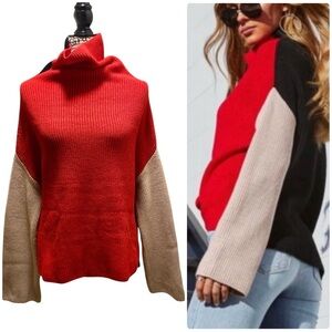 Miracle USA Red and Mocha Color Block Turtleneck Sweater Size Medium/Large NWOT